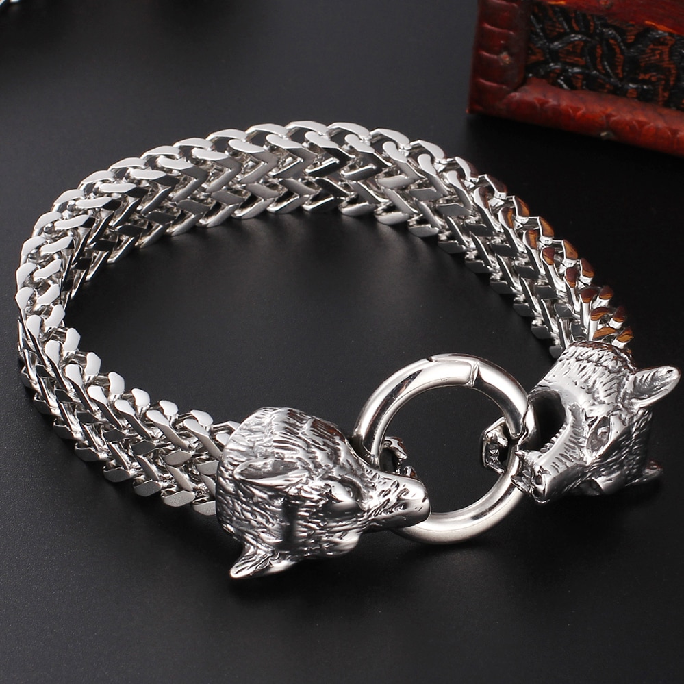 Polished Stainless Steel Bracelet For Men Heavy Wolf Head Mens Bracelets Hip-Hop Skull Lion Head Jewelry AccessoryMan