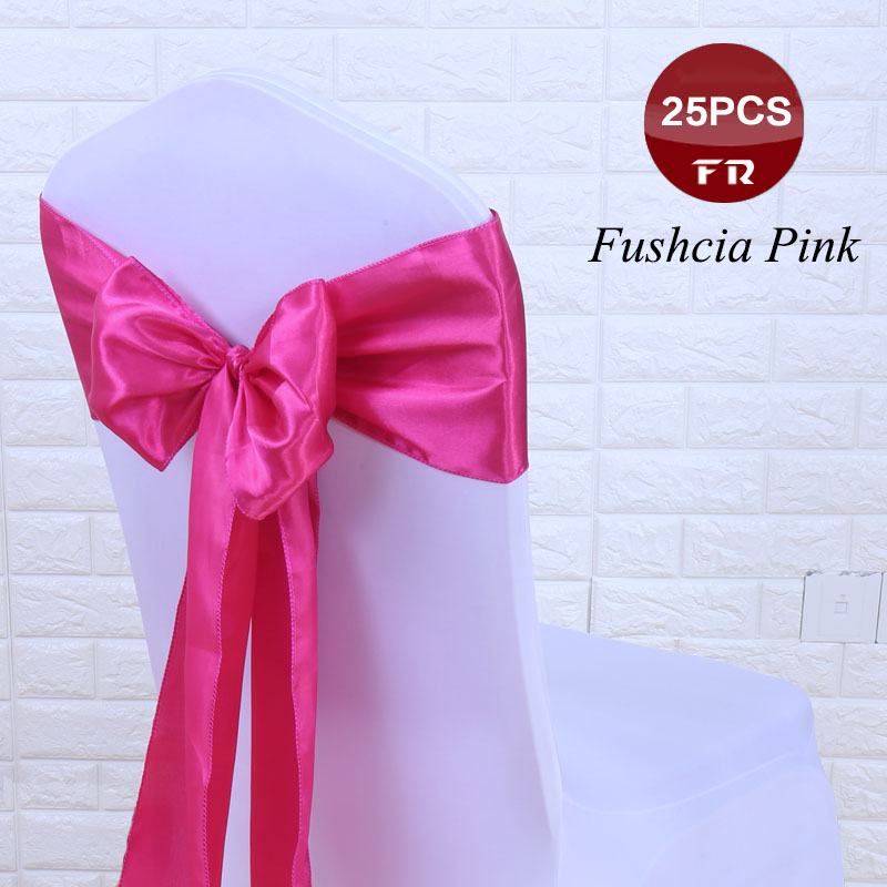GRATIS 25 stk/partij Stoel Sjerpen Bow Tie 7 &quot;X 108&quot; Bruiloft Stoel Satijnen Sjerpen Gold Cover Bruiloft decor Party Banquet Venue: Fushcia Pink