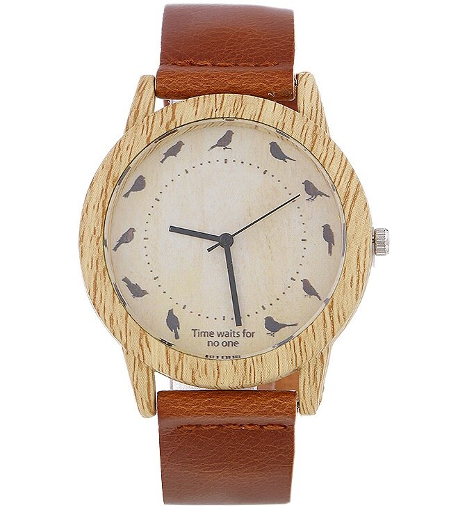 Houten horloges quartz heren dames horloges casual houten leren band vogelhorloge houten heren polshorloge relogio masculino: Lichtbruin