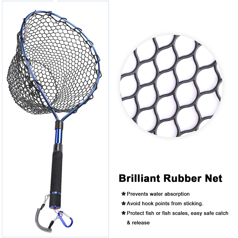 Goture Telescopic Fishing Landing Net Aluminum Alloy Frame Brail Small Rubber Mesh Magnetic Clip Lanyard Fly Fishing Net