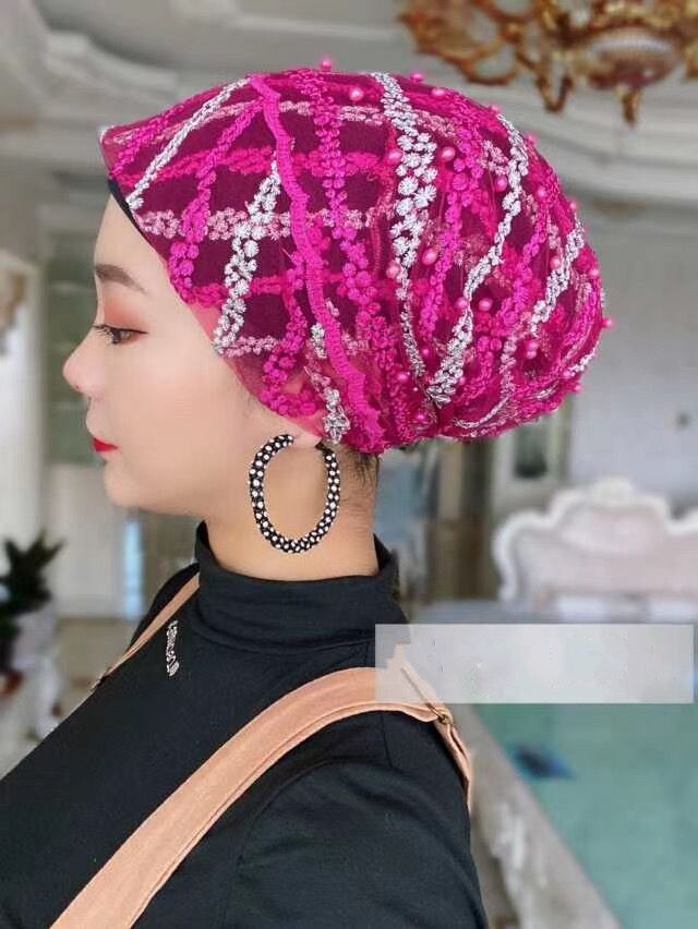 Gorra árabe con cuentas y rayas cruzadas para mujer, accesorios para la cabeza para niñas, gorro informal de Dubái de Color caramelo, turbante: Rose