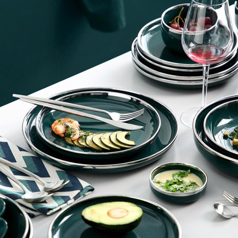 Zilveren rand retro nordic light luxe keramisch servies donkergroen servies serie hotel servies set westerse gerechten 1pc