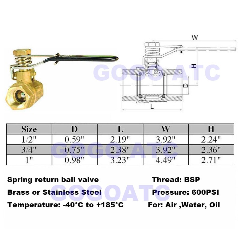 Ball valve brass Stainless steel Small Spring automatic return ball valve DN20 Female thread 3/4" BSP 2 way valve