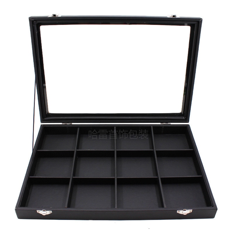 Große PU Schwarz Trage Fall mit Glas Abdeckung Schmuck Ring Display Box Tray Halter Storage Box Organizer Ohrringe Ring Armband bo