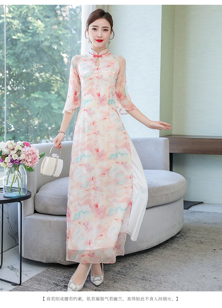 Letni nadruk z szyfonu qipao długie wietnamskie sukienki Aodai