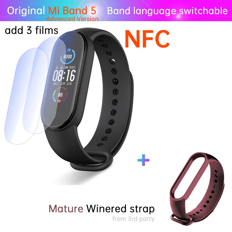 Xiaomi-pulsera inteligente Mi Band 5 con NFC, brazalete para el estrés, control del ritmo cardíaco, sueño, pasos, natación, deporte, alarma: NFC n film winered