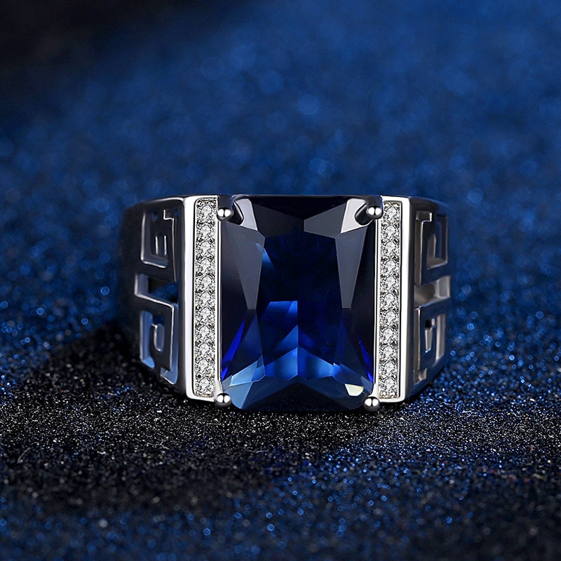 Classic Men's Silver Plated Ring Domineering Square Cut Blue Zircon Wedding Band Ring Business Finger Ring Male Jewelry: Default Title