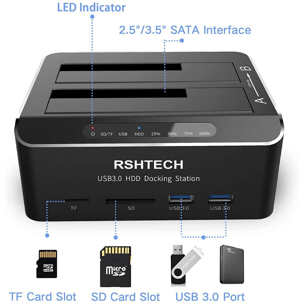 Hard Drive Docking Station USB 3.0 Aluminum Dual Bay Hard Drive Dock For 2.5" 3.5" SATA HDD SSD With SD TF Card Reader Tool-Free