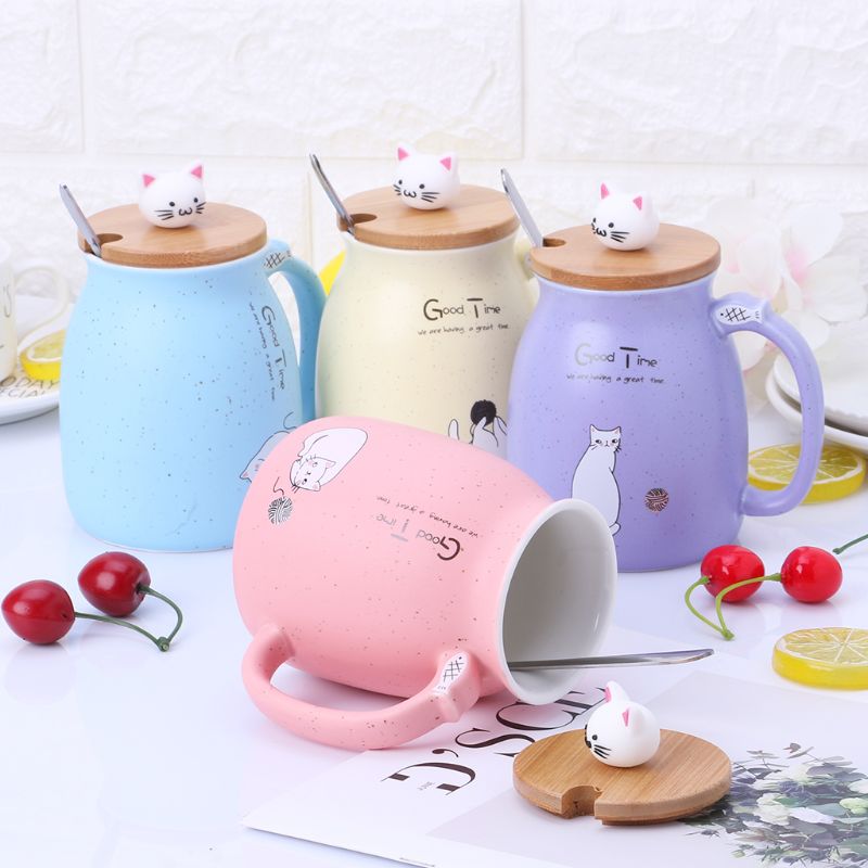 420ml Cat Ceramic Mug Heat-resistant Cup With Spoon Lid Drinkware Children Cartoon with Lid Milk Cup