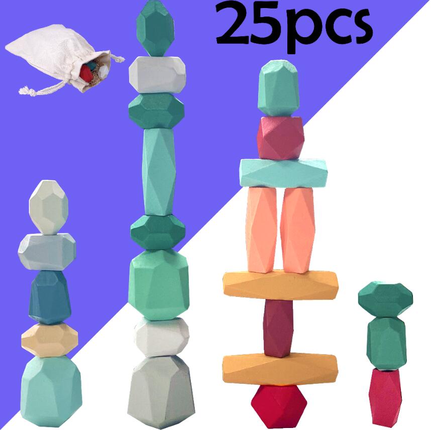 Wooden Stacking toy Montessori Toy Block Colored Stone Rocks Stones Tumi Ishi Wood Balancing Stacked Stones: 25pcs Bar