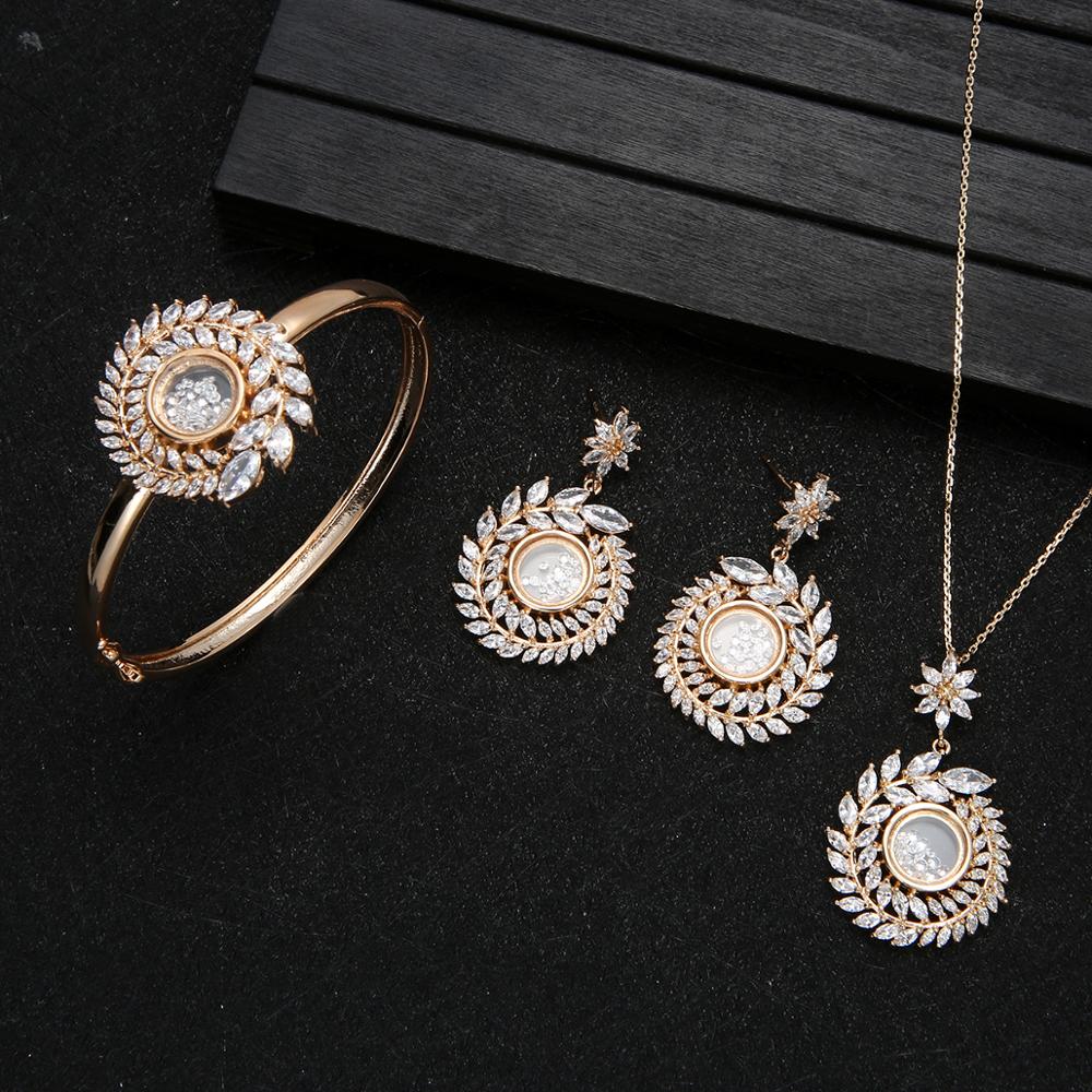Collar de circonia cúbica + pendiente + brazalete para mujer, conjunto de joyería de boda, rama de olivo, Semi-sector, de , D1383
