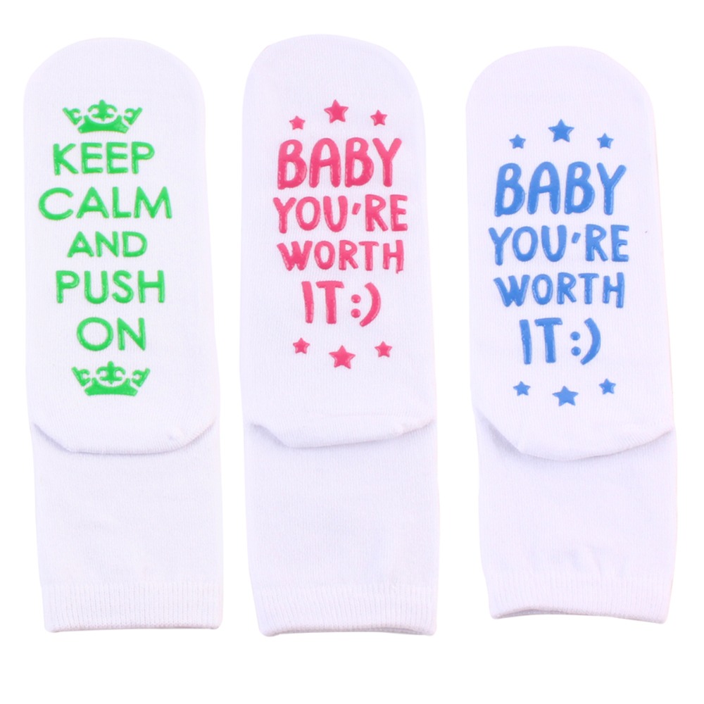Humor Words Amusing Female Sock Funny Keep Calm And Push On Printed Fascinating Interesting Socks for Pregnant Women Non Slip