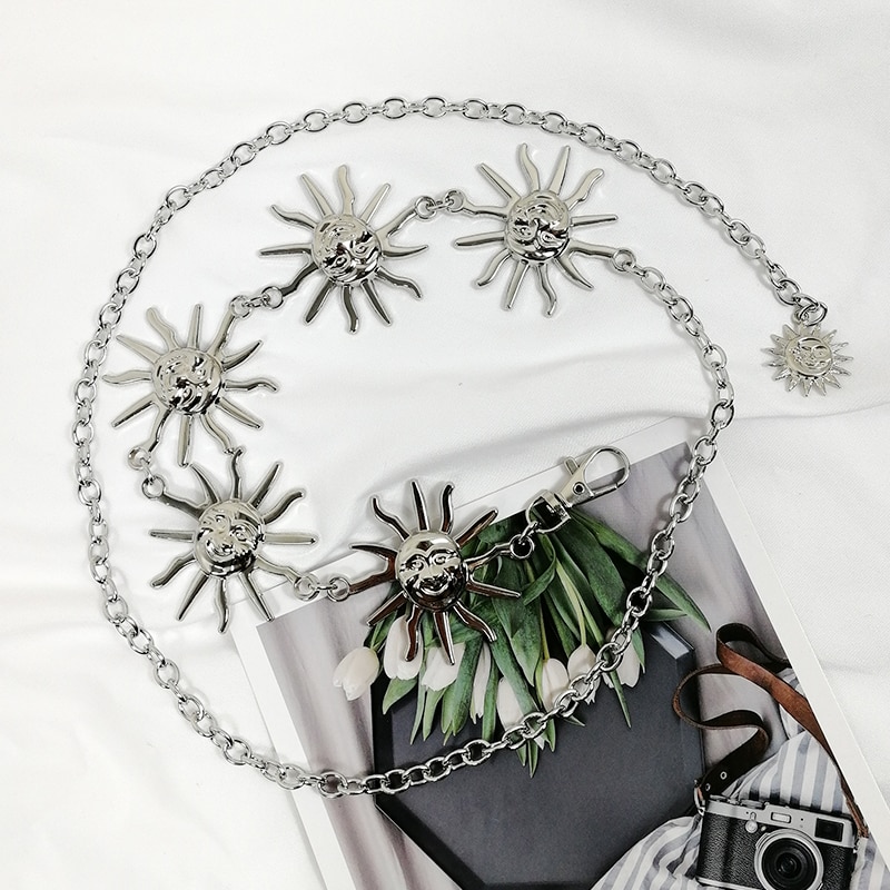 Gothic gold chain belt sun metal ladies waist belts for women long waistband dress citos punk ceinture femme ketting riem