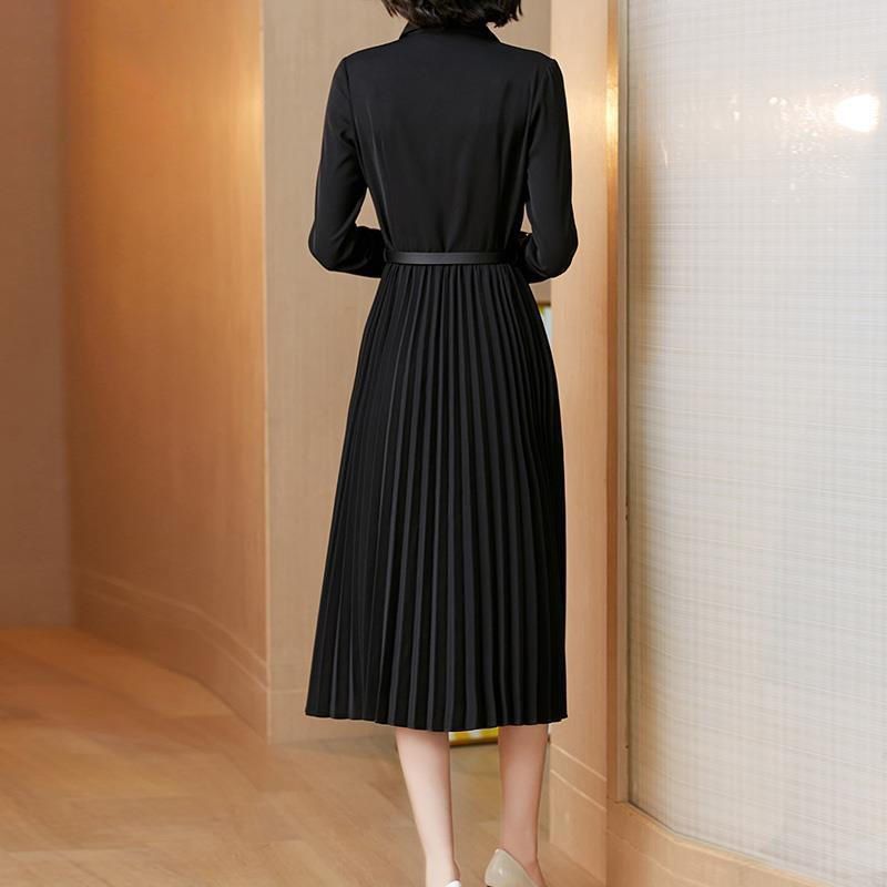 Dress Women Autumn Long Sleeve Black Pleated Dress Female Turn Down Collar Chiffon Black Clothes Office Lady Dress
