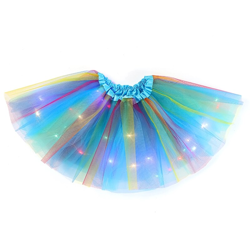 Meisje Gelaagde Regenboog Tutu Rokken Prinses Led Licht Dansen Ballet Tule Rok D5QA: Blue