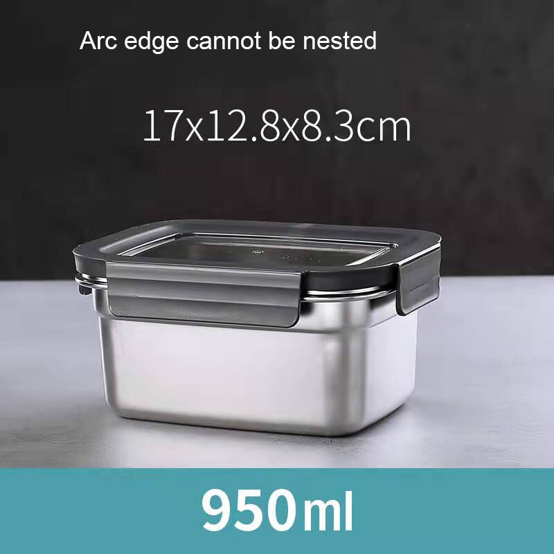 304 Stainless Steel Food Preservation Box Refrigerator Crisper Set Fruit Sealed Box Lunch Box Table Freezer Box Tableware: 950ml