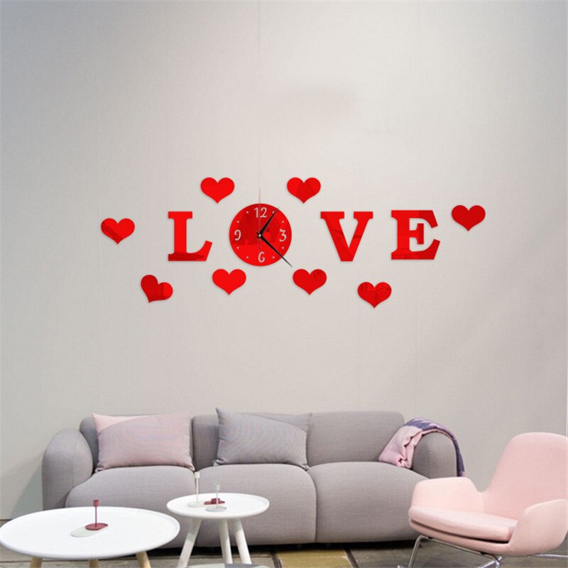 DIY LOVE Stereo Acrylic Clock Living Room Mirror Wall Sticker Home Decoration Alphabet Love Letters Wall Decor Lovely Wallpaper