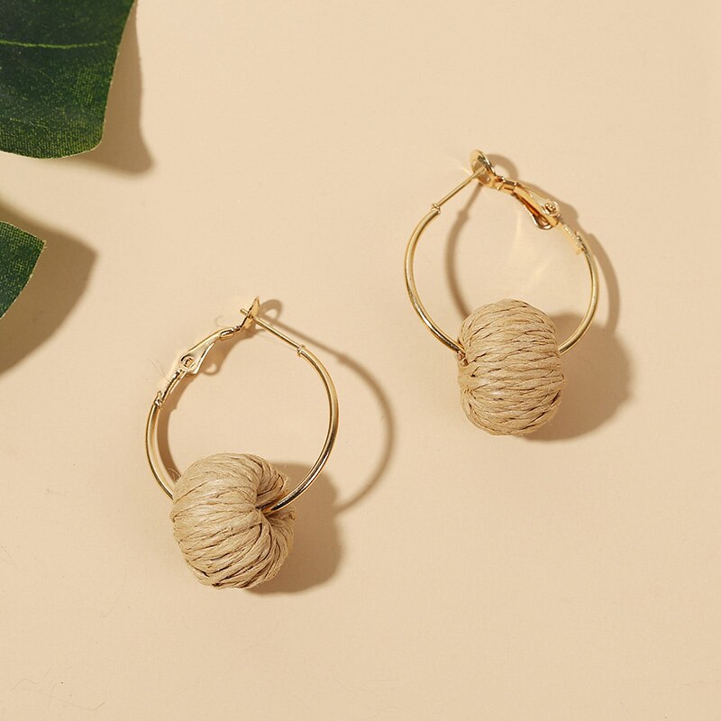 Simple Female Trendy Woven Vine Rattan Straw Earrings For Women Bohemian Boho Metal Round Circle Dangle Earring Jewelry