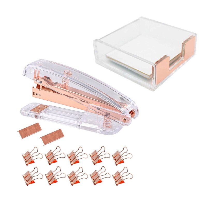 Clear Acrylic Rose Gold Self-Stick Note Pad Holders 3.5X3.3 Inch (Rose Gold) & Rose Gold Stapler Acrylic Desktop Stapler with 10: Default Title