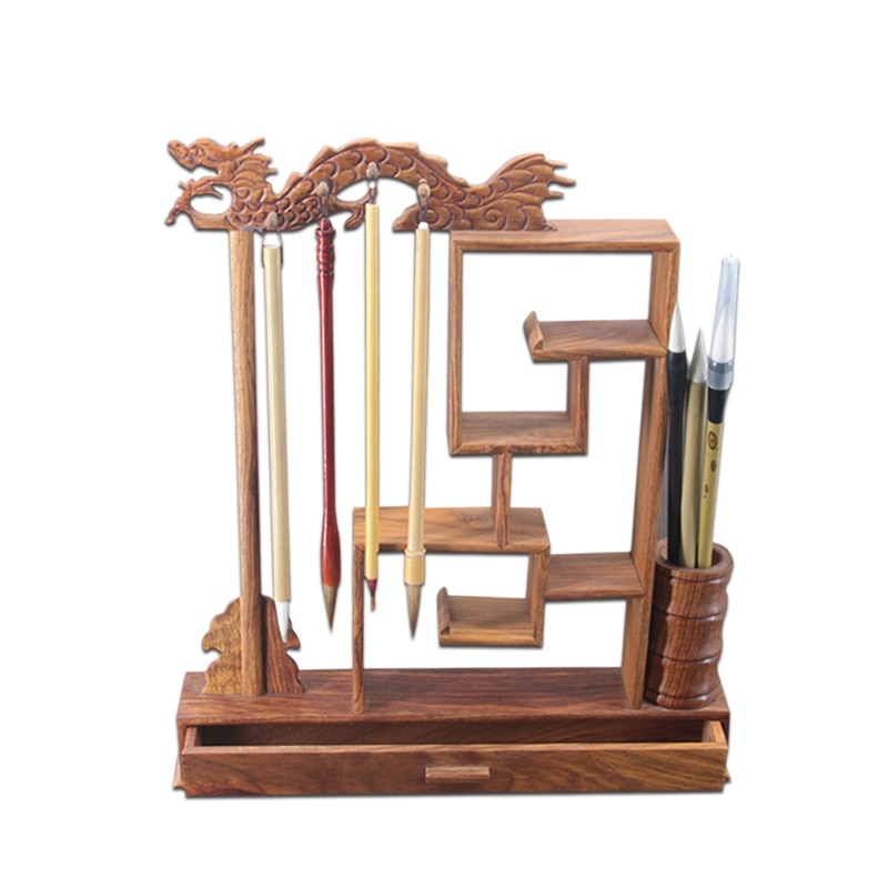 Unieke Solid Wenge Hout Schrijven Borstel Houder 12 Hangers Kalligrafie Penhouder Studie Schat Traditionele Schilderen Borstel Rack