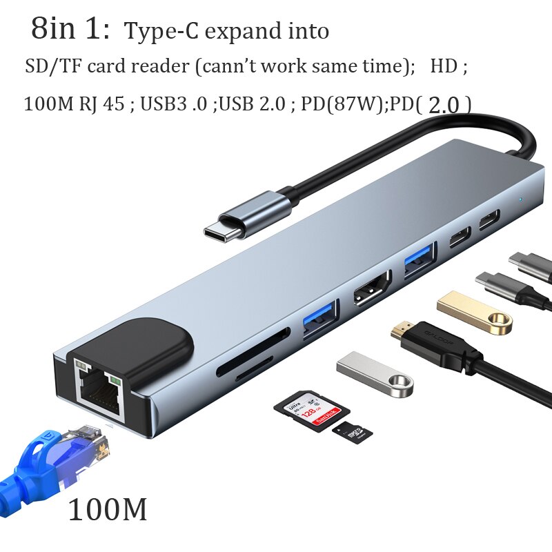 Typ C Docking Station Ethernet RJ45 PD HD USB 3,0 SD TF Adapter Für Xiaomi Gamebook Macbook Laptop Android Telefon ipad HUB Dock: 8in1 100M RJ45