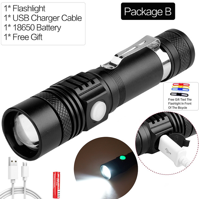 Super Bright XHP90 USB Rechargeable LED Flashlight Powerful Torch Waterproof XHP70 Light Use 18650 or 26650 Battery: Package B
