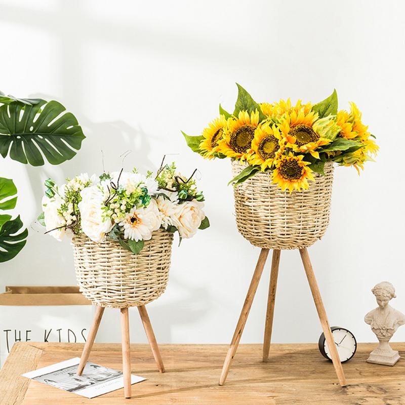 Handmade Bamboo Storage Baskets Laundry Straw Patchwork Wicker Rattan Seagrass Belly Garden Flower Pot Planter Basket