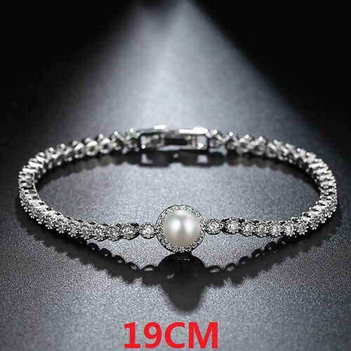 LUOTEEMI Edle Nachahmung Perle Luxus Zirkonia Tennis Armbinde Armbänder Für Frauen Braut Hochzeit Zubehör Schmuck: 19CM