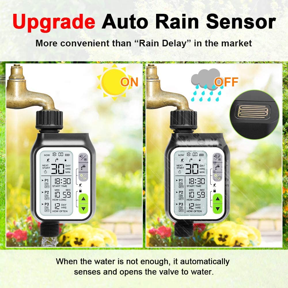 Automatisk elektronisk vandtimer 3 separate vandingsprogrammer sprinkler timer med regn auto sensor funktion slange timer ventil