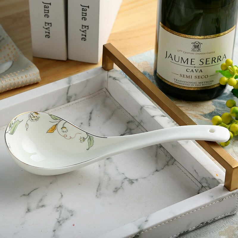 Cuchara de cerámica china para sopa, cucharón de cerámica natural para cocinar, utensilios para servir, buffet, pintura de hojas verdes