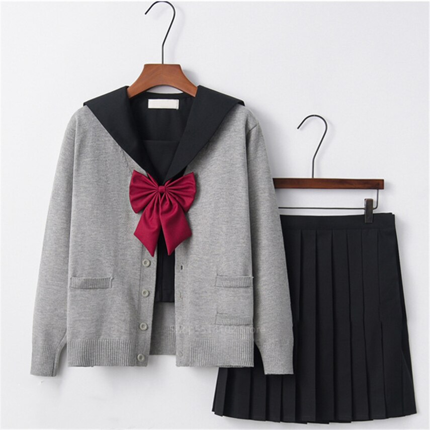 Japanese School Uniform Kansai Bad Black Suit for Students JK Kawaii Sailor Collar Bow High School Top Long Pleated Skirt Set