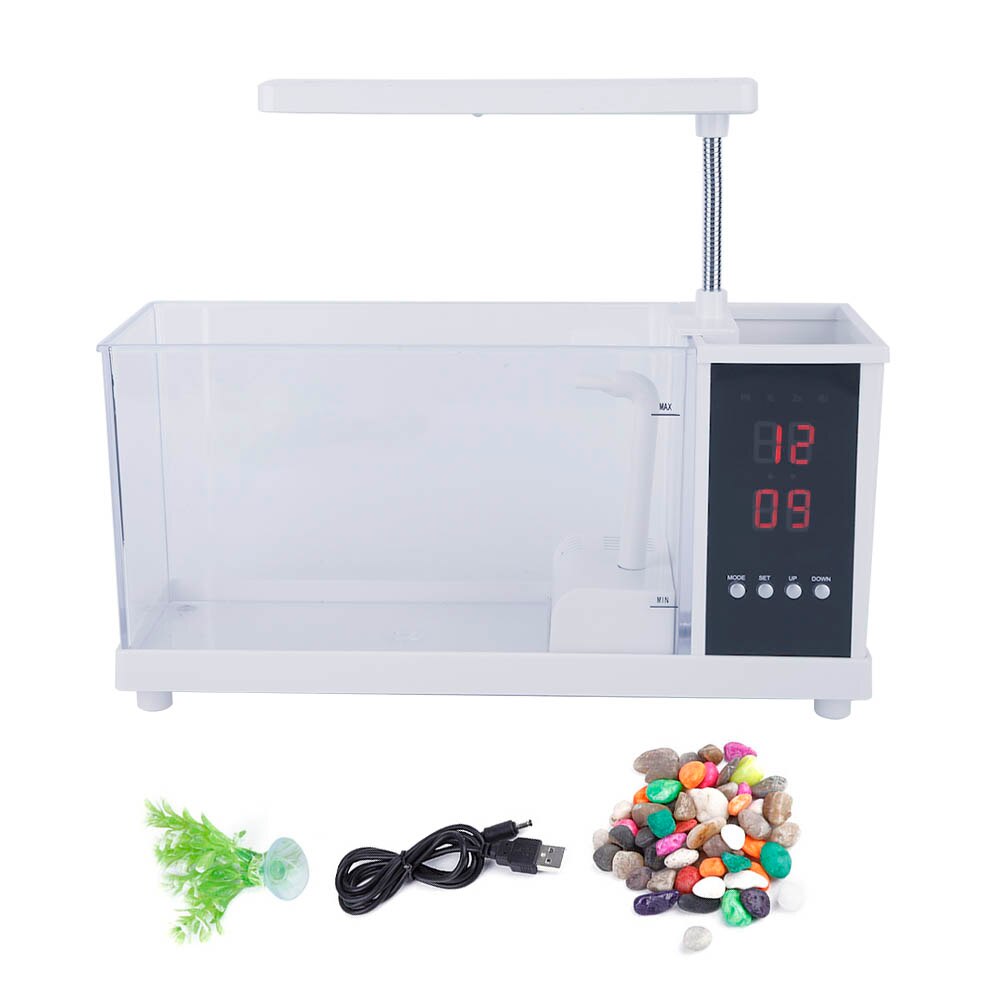 USB Desktop Mini Aquarium Fish Tank Aquarium with LED Light LCD Display Screen and Clock Fish Tank Decoration with Pebbles