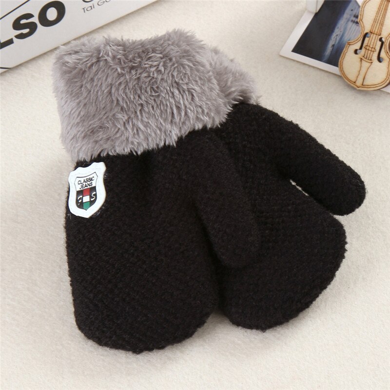 Winter Baby Boys Girls Knitted Gloves Warm Rope Full Finger Mittens Gloves for Children Toddler Kids SA935216: Black