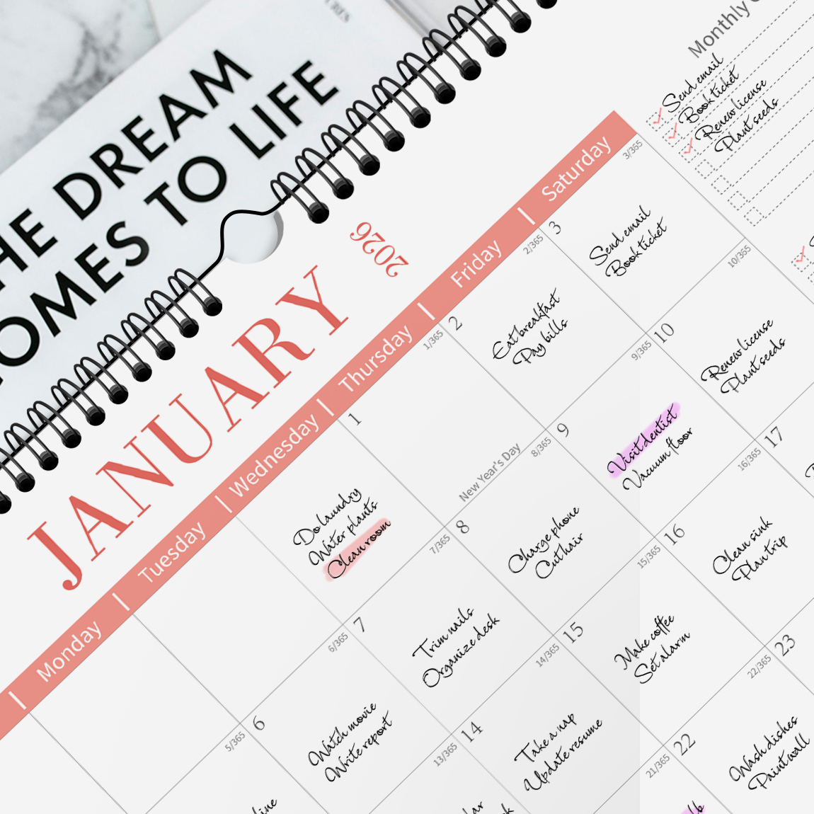 Kalendarz minimalistyczny na lata 2026-2027, kalendarz ścienny poziomy, 18 miesięcy z aktualnymi datami, robić powieszenia, planowanie miesięczne.