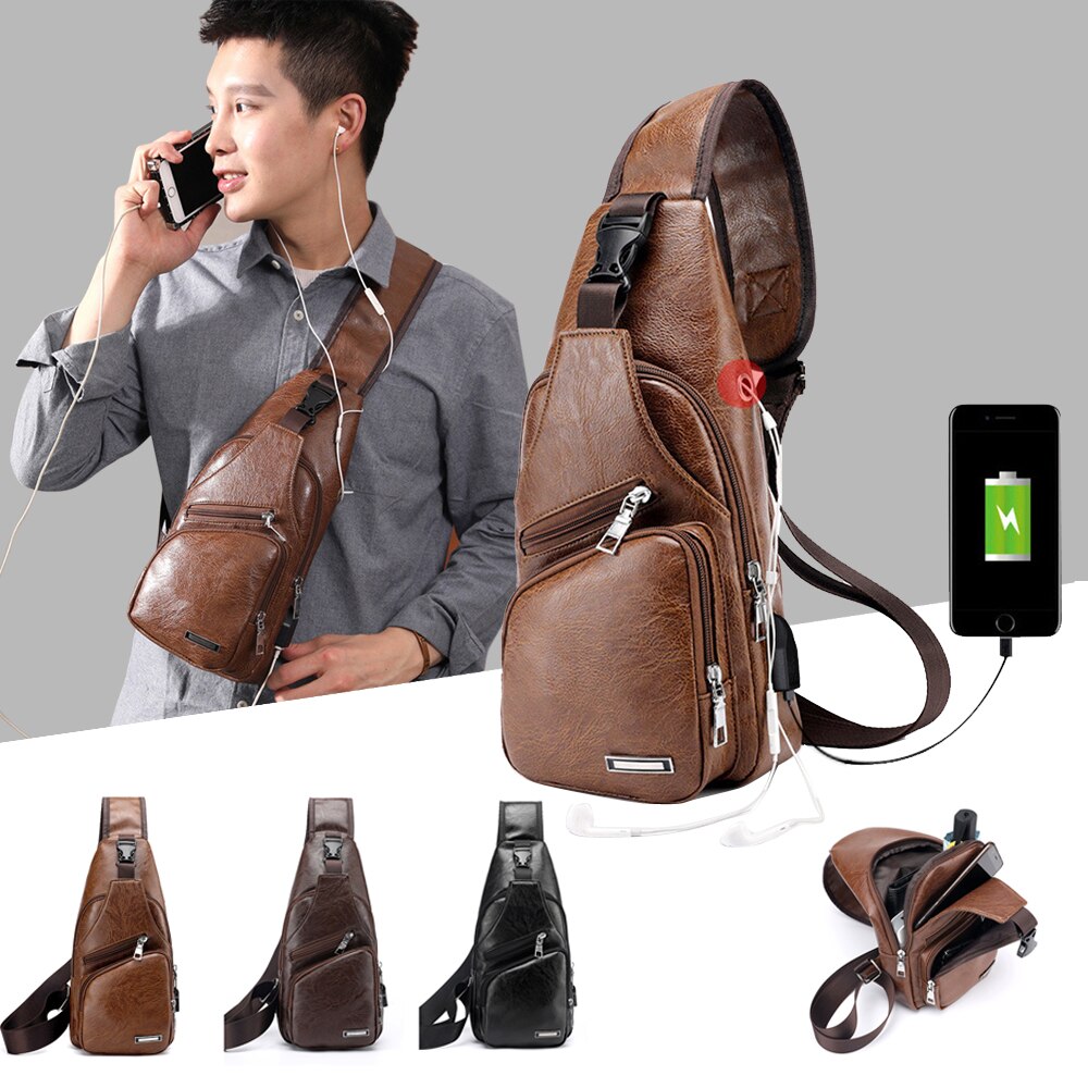 Men's Crossbody Chest Bags Waist Bags Men's USB Charging Headphone Plug Leather Shoulder Bag Diagonal Package Man Bags