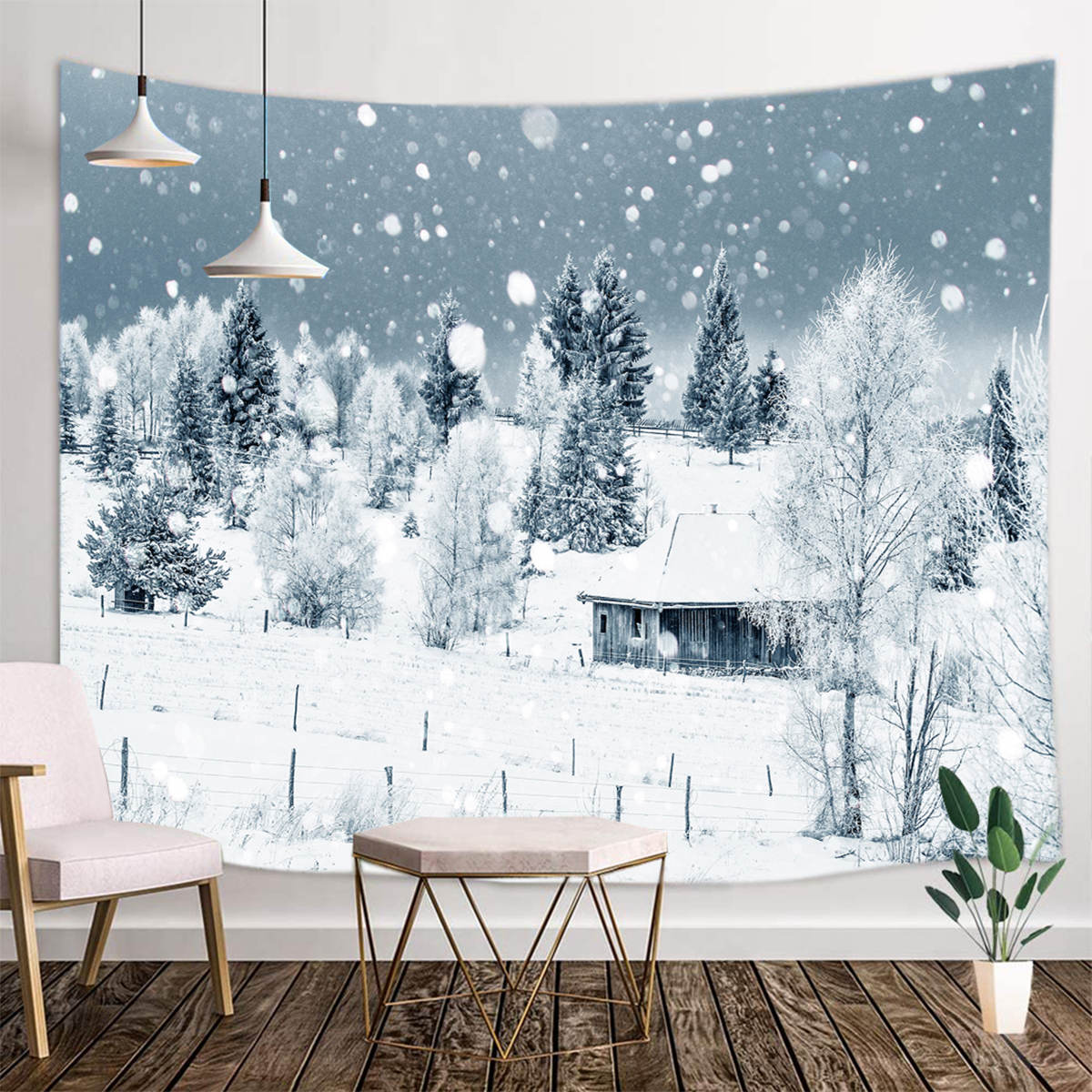 Winter Forest Christmas Winter Snow Forest with Fir Trees and Snowflakes Tapestry