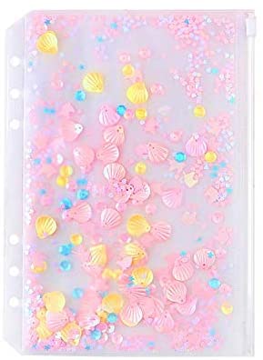 Archivador con agujeros y bolsillos de plástico para libreta, bolsa con cremallera para 6 anillos, con copos de brillantina, decoración de estrellas, A5/A6: A5 Pink