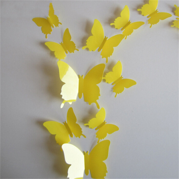 24 sztuk/partia 3D motyl naklejki ścienne na wystrój domu DIY motyle lodówka naklejki dekoracja pokoju dekoracja na przyjęcie ślubne: żółty