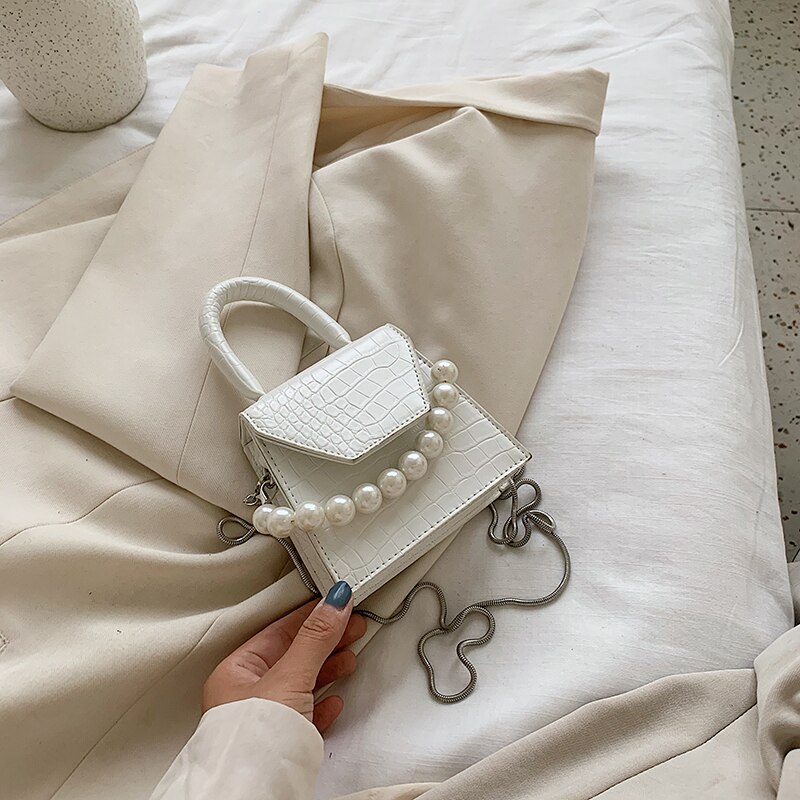Perle poignée Super mini en cuir PU sacs à bandoulière pour femmes sac à bandoulière voyage sacs à main motif pierre: WHITE