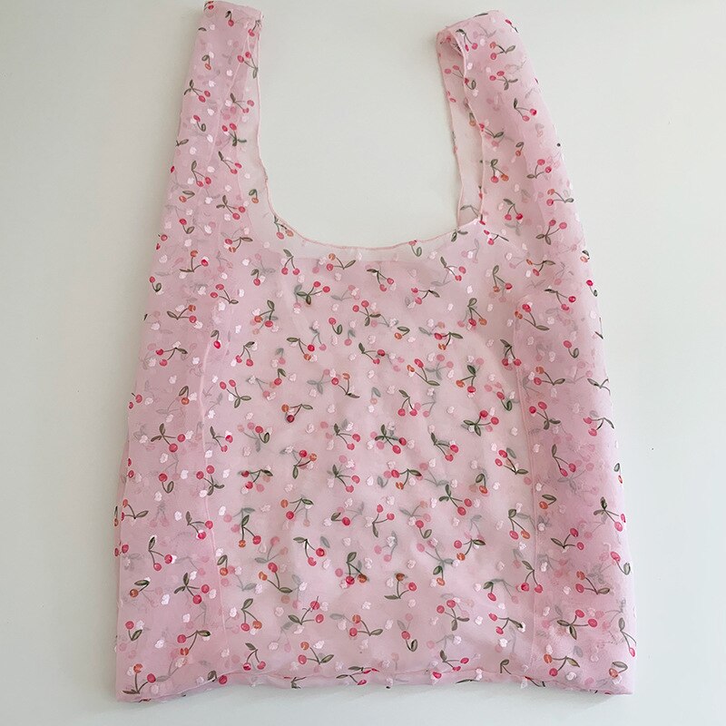 Women Small Transparent Tote Mesh Cloth Bag Embroidery Handbag Cute Flower Tulle Fruit Bag Purse Shopping Bag: pink cherry