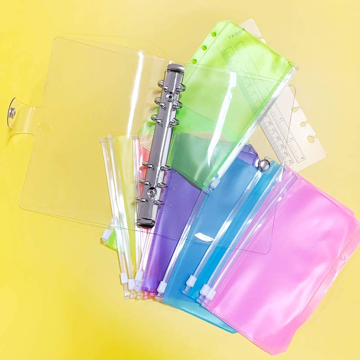 A6 Clear PVC 6 Ring Binder Budget Planner Organizer Notebook Waterproof Folders with 12 Colorful Zipper Binder Pockets,A Ruler