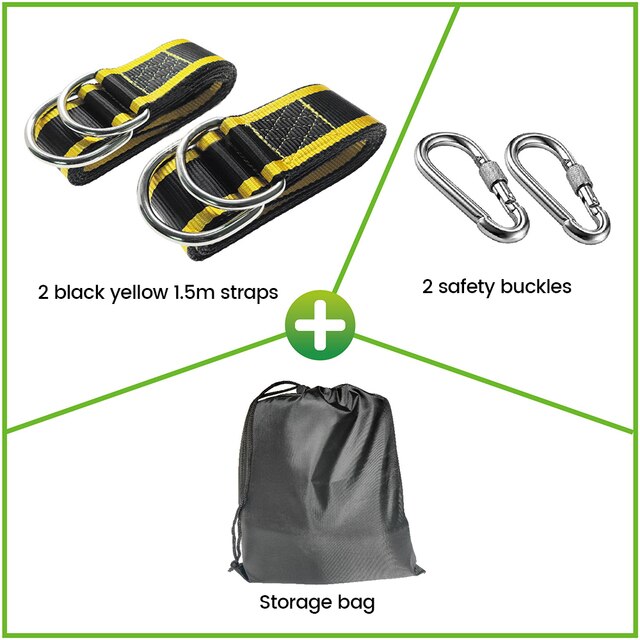 One Pair Tree Swing Hanging Kit Hammock Straps Camping 1000 KG Load Capacity Rope Carabiner OutDoor Hiking Hammock Hanging Belt: YELLOW