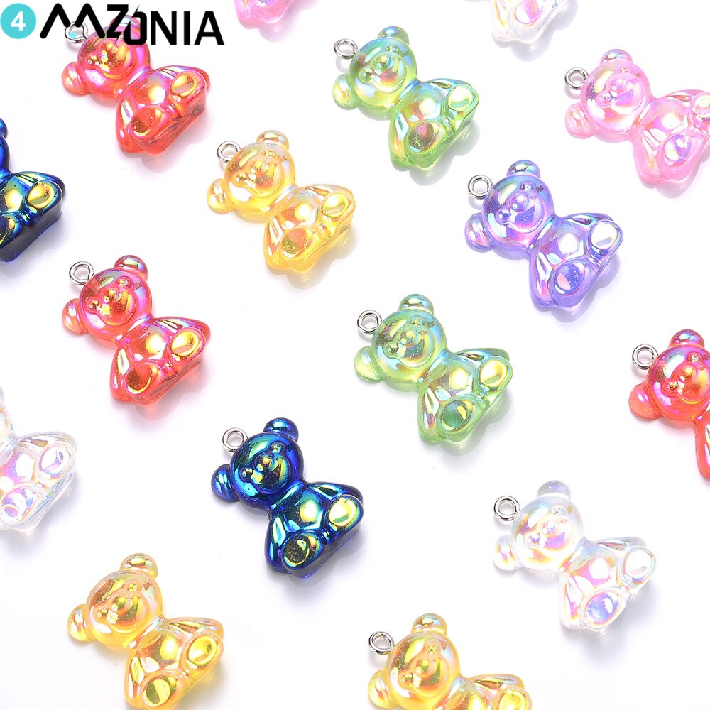 Dijes de oso de goma AB de 18x25mm, amuletos de animales de dibujos animados brillantes de colores mezclados para hacer collar, colgante, pendiente, artesanía hecha a mano, 10 piezas