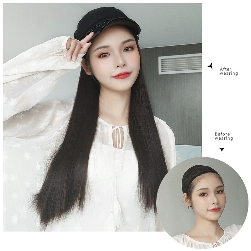 MUMUPI-Peluca de sombrero extensible para mujer, gorro de marinero sintético liso con cabello largo, peluca integrada, extensión de cabello adecuado para