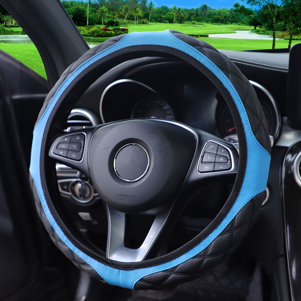 1 Leder-Stereo-Lenkradbezug mit Stickerei, bequem, rutschfest, ohne Innenring für 14,1-15-Zoll-Autos: Blau