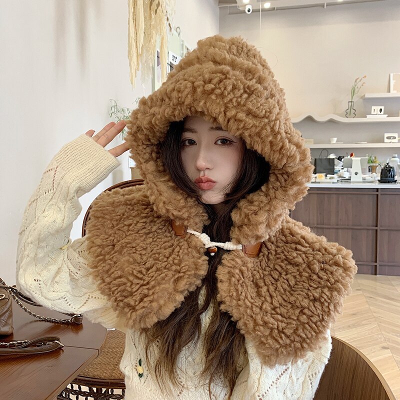 Gorro con capucha de pelo de cordero Artificial para hombre y mujer, gorro grueso con cordón para la cabeza, ajustable, de Color sólido, para invierno: Horn buckle Brown