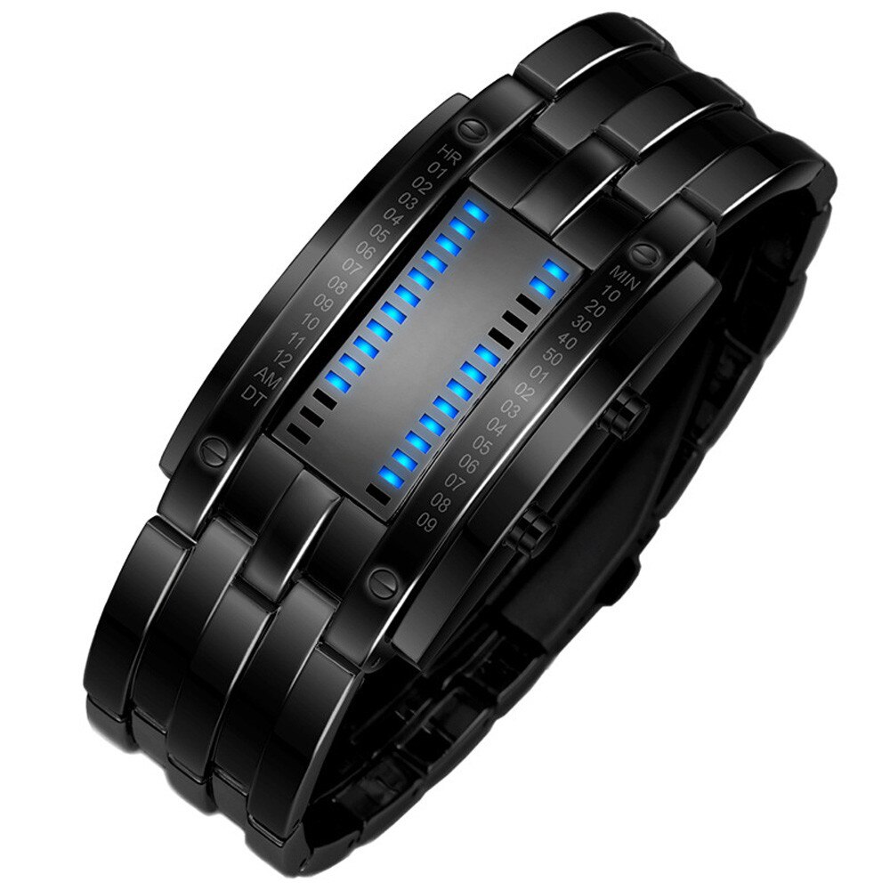 Luxe heren Sport Watche Toekomst Technologie Binary Horloge heren Zwarte Rvs Datum Digitale LED Armband Sport Horloges