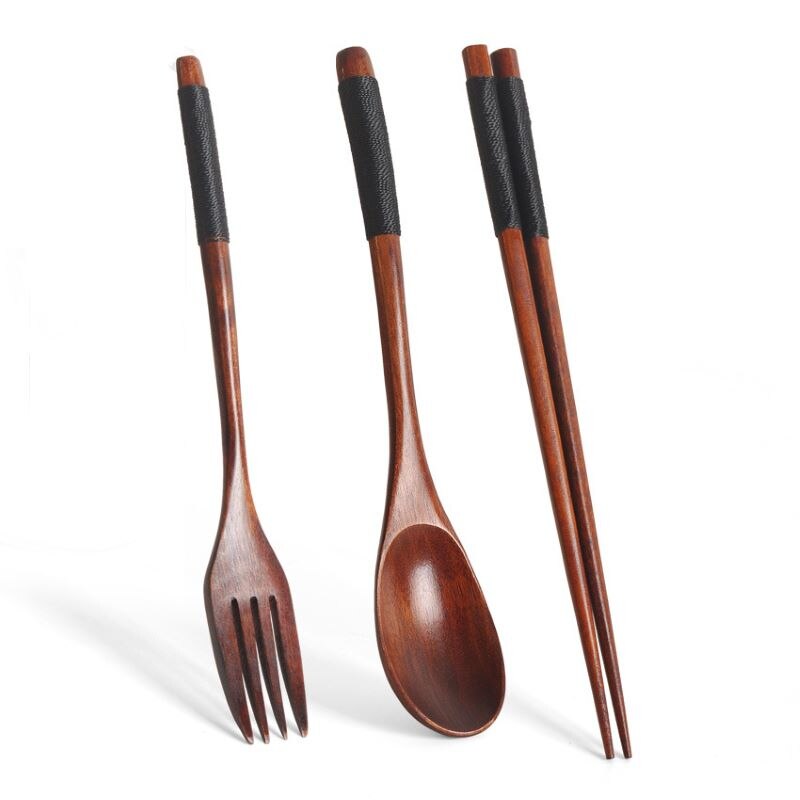 Houten Servies Vork Lepel Eetstokjes 3 Stuk Set Massief Hout Lange Steel Lepel Eetstokjes Draagbare Servies Servies Sets: 1