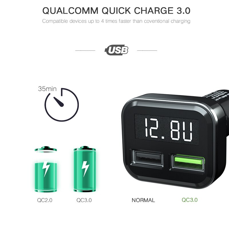 QC3.0 3.1A Dual USB Car Charger 2 Port LCD Display 12-24V Cigarette Lighter Socket Display appearance charging head