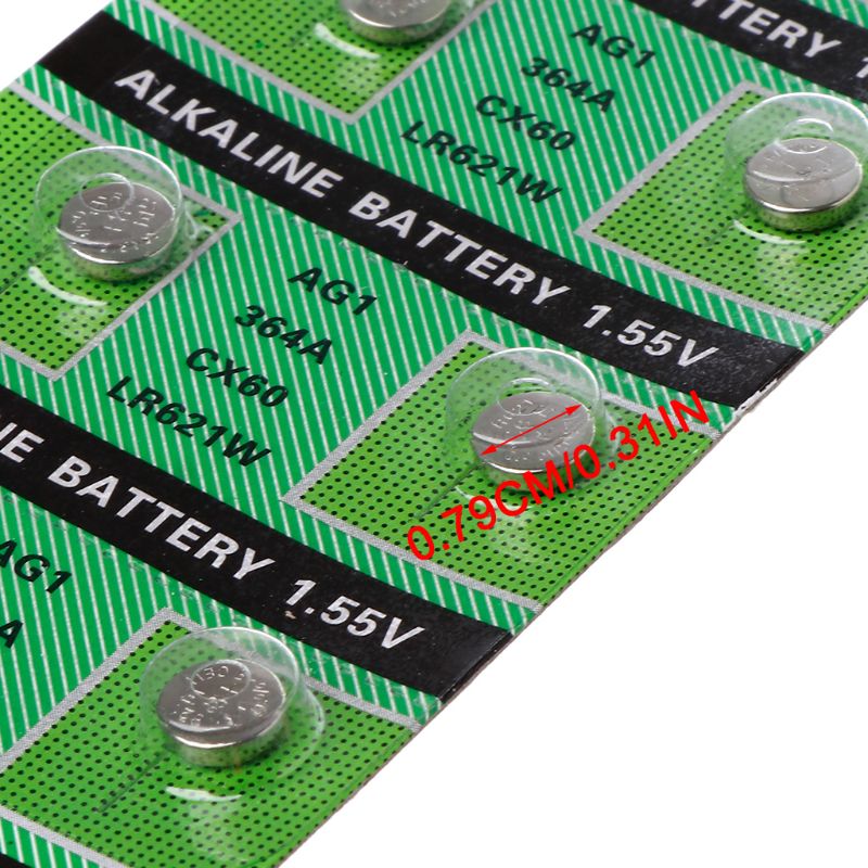 10 stk urbatteri  ag1 1.55v 364 sr621sw lr621 621 lr60 cx60 møntcellebatterier med alkalisk knap